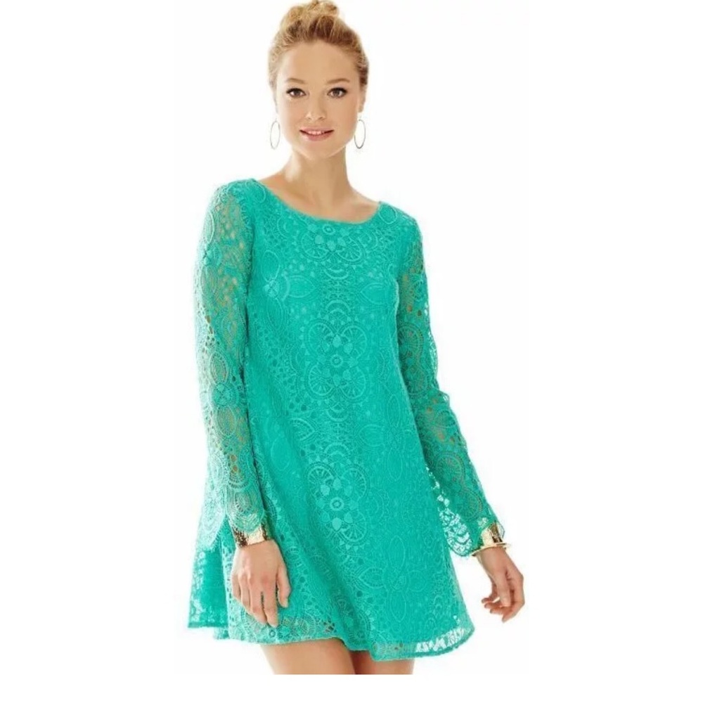 Lilly Pulitzer Teal Lace Long-Sleeve Shift Dress
